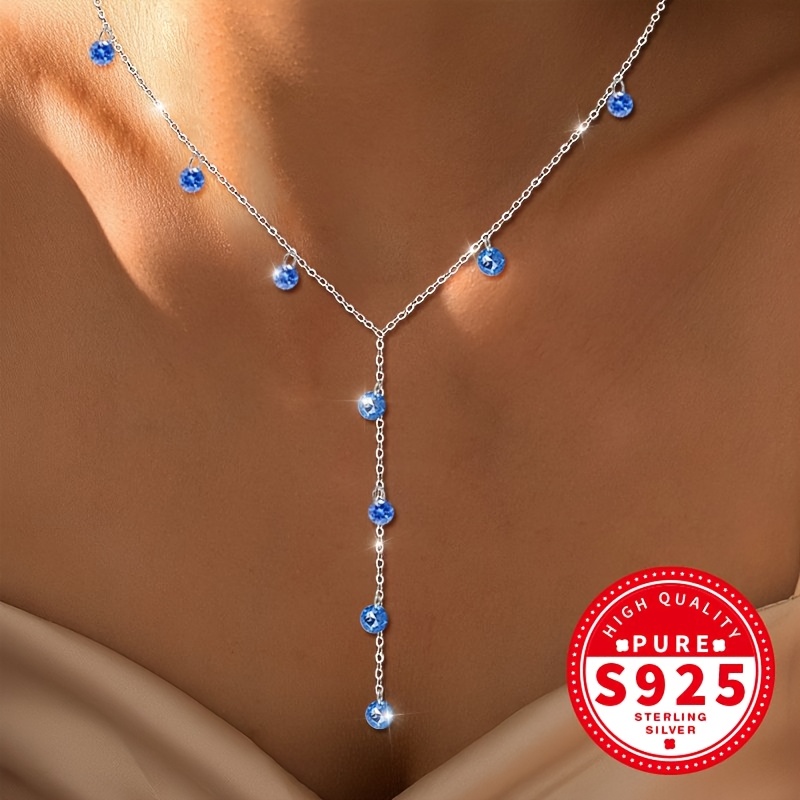 Women's 925 Silver Y-Chain Necklace with Blue Zirconia Tassel