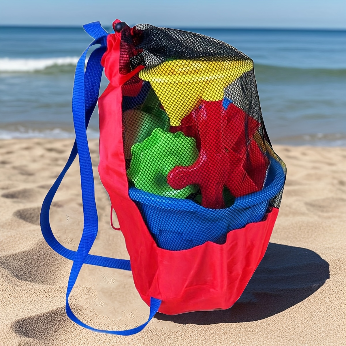 grand sac à   en   pour la plage dété - sac de rangement pliable en polyester avec fermeture à cordon, bretelles et compartiments de stockage pour jouets, parfait pour les  , la natation et     (disponible  , blanc, rouge, vert, bleu), sac de plage détails 0