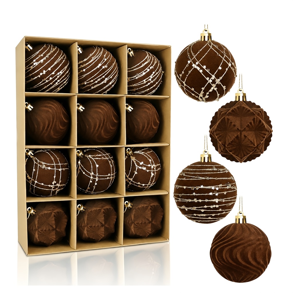 TEMU Ensemble de boules de Noël en velours marron, 12 pièces de décorations de sapin de Noël floquées de 6 cm avec d'étoiles à paillettes dorées,