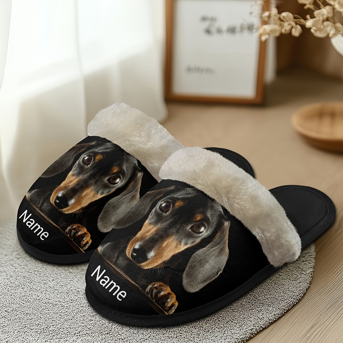 Dachshund Print Fluffy Trimmed Slippers, Casual Animal Pattern, Warm  Bedroom Flat Slip-On Indoor Shoes, Anti-Slip EVA Sole, with Custom Name,  for All-