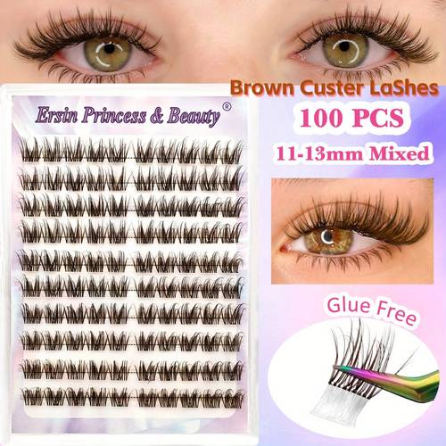 100pcs brown transparent stem free self eyelash clusters mixed length 11 13mm fluffy curly natural look waterproof long lasting anime inspired lashes travel friendly easy to apply mink like false eyelashes