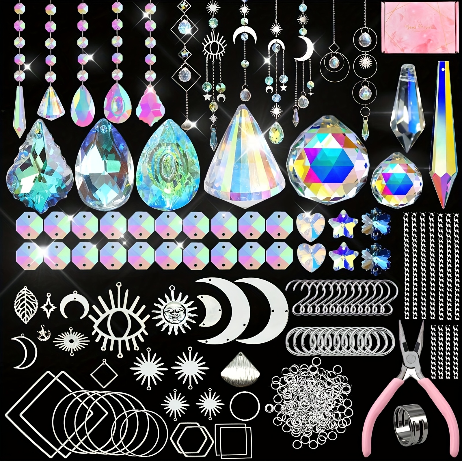 Image of 370pcs Crystal Suncatcher Kits Hanging Chandelier Crystals Prisms Parts Pendants For Stained Glass Window Hanging Diy Sun Catchers Beads Indoor Window Outdoor Garden Decor