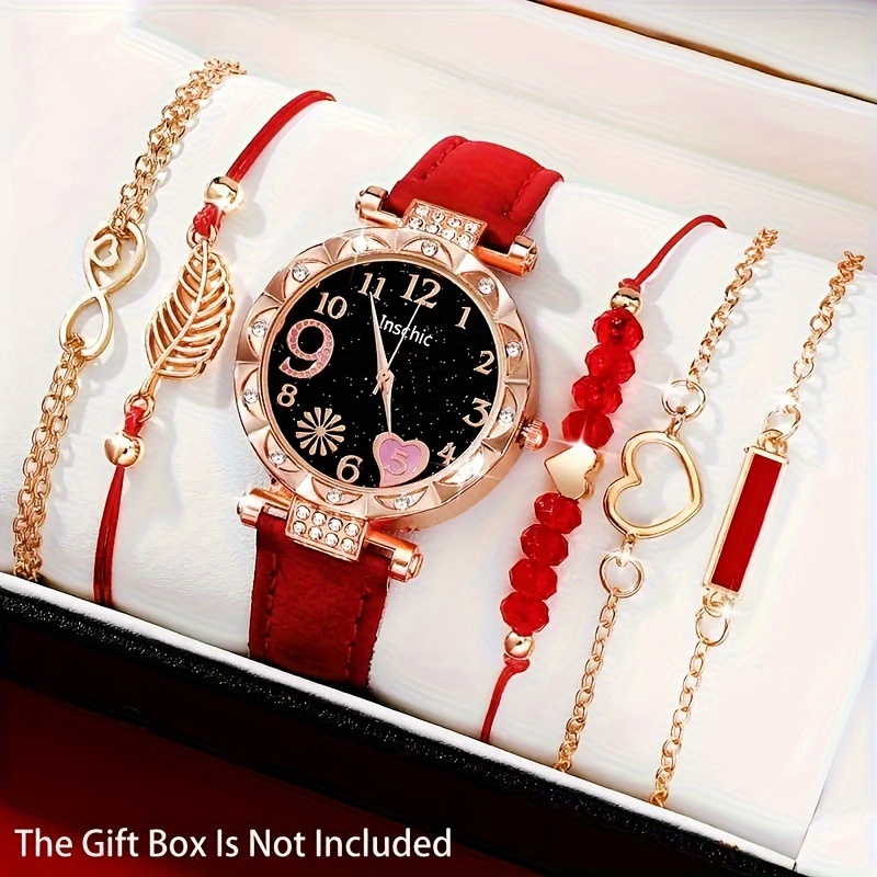 

6pcs/set Glamorous Heart Rhinestone Womens Watch & Bracelet Set -elegant Quartz Timepiece With Analog Display And Stylish Pu Leatherstrap - The Ultimate Romantic Valentines Gift For Her