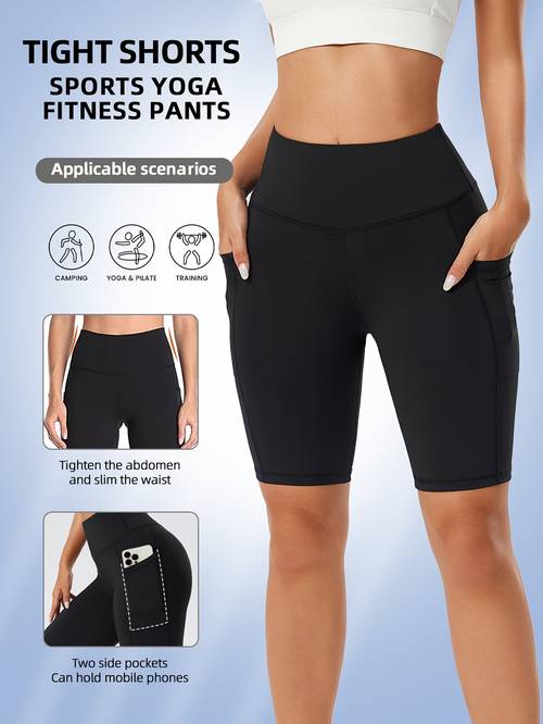 spring and summer womens side pocket drawstring comfortable breathable high elastic outdoor sports cycling yoga shorts