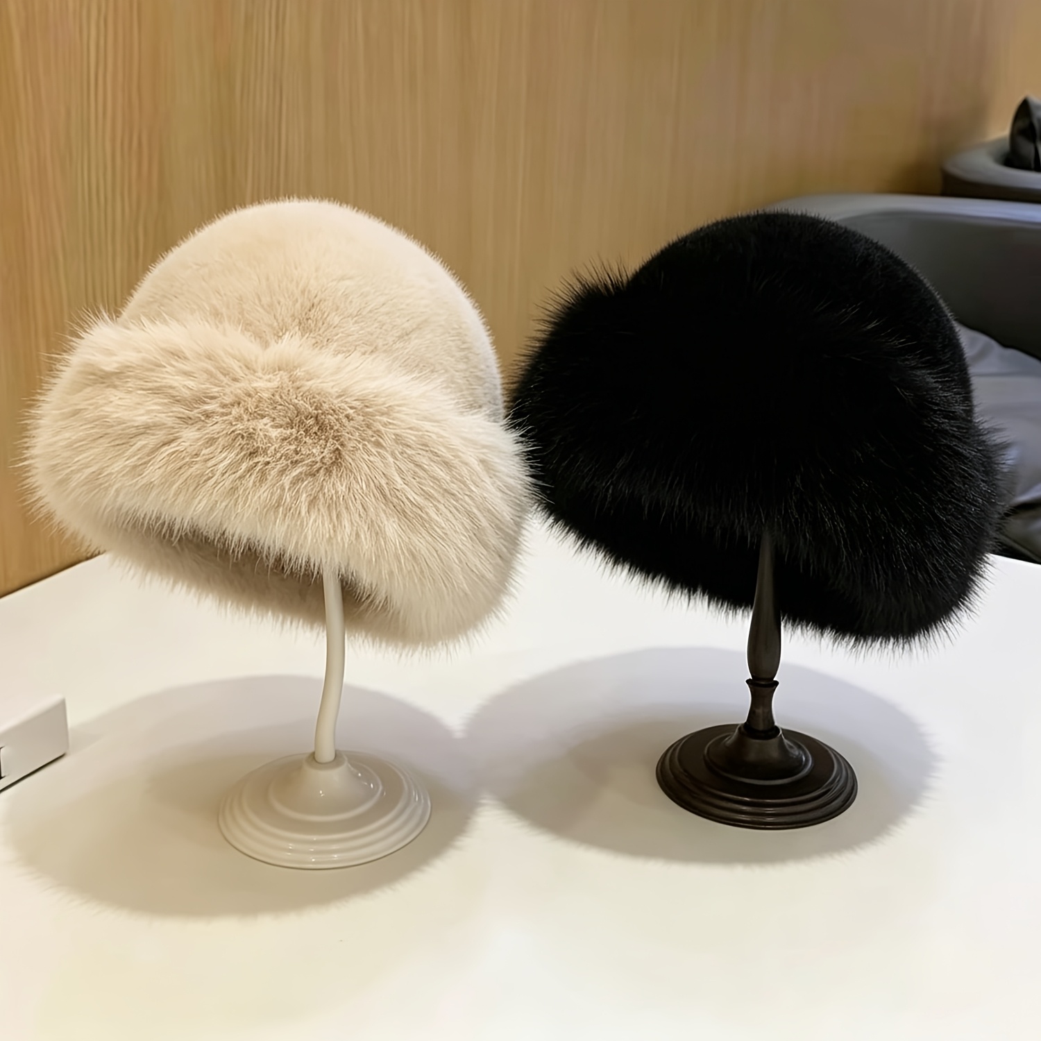 TEMU 2pcs Chapeaux d'hiver en peluche pour femmes, chauds et polyvalents, à bord rond et large - Chapeau de seau en peluche épaisse d'automne et