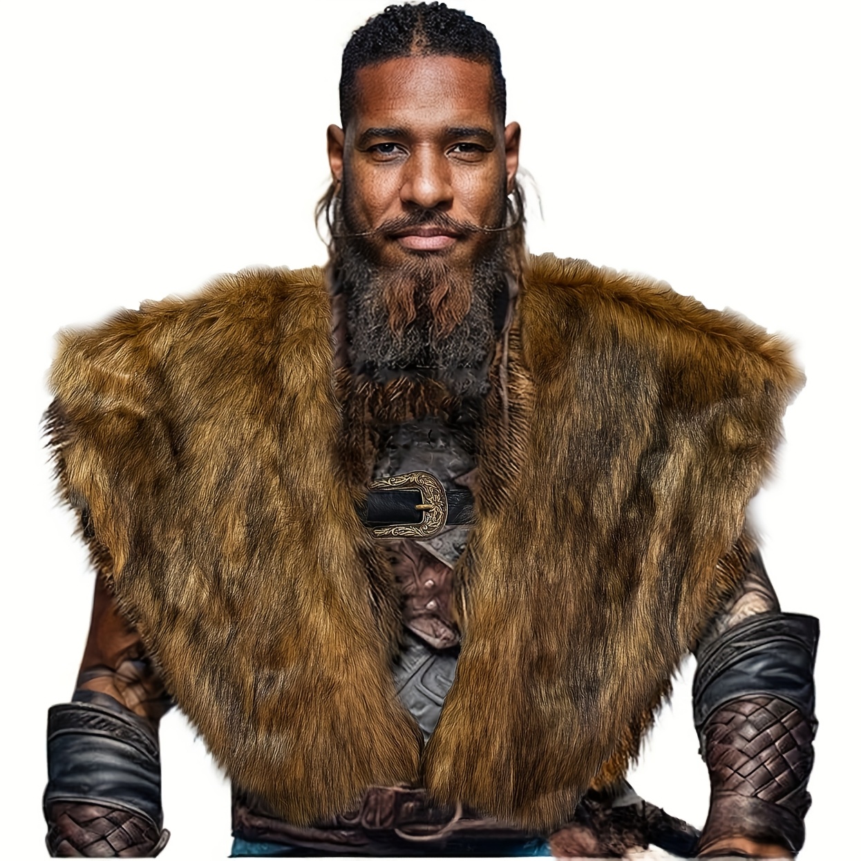 Châle Viking Fausse Fourrure Avec Bandeau Cuir - Cape D'épaule Barbare - Costume Halloween Et Cosplay Homme/femme