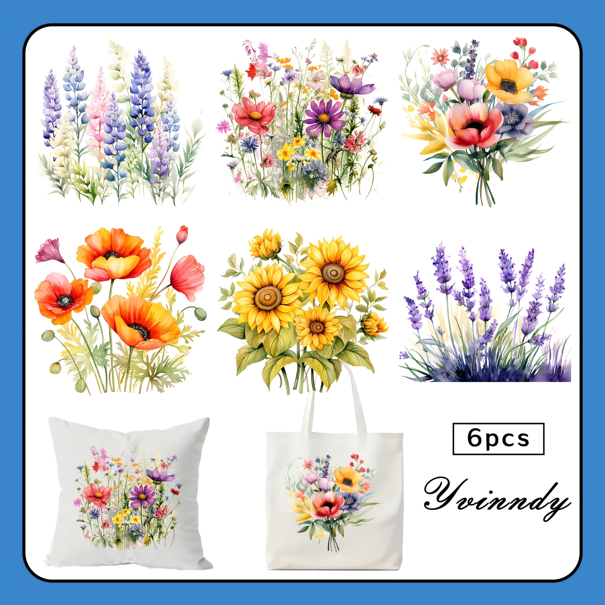 TEMU 6 pièces/Set de Patchs Fleurs Magnifiques à Repasser sur Tissu DIY Lavable Papier Transfert Thermique Impression pour T-Shirt Sac Coussin Décor