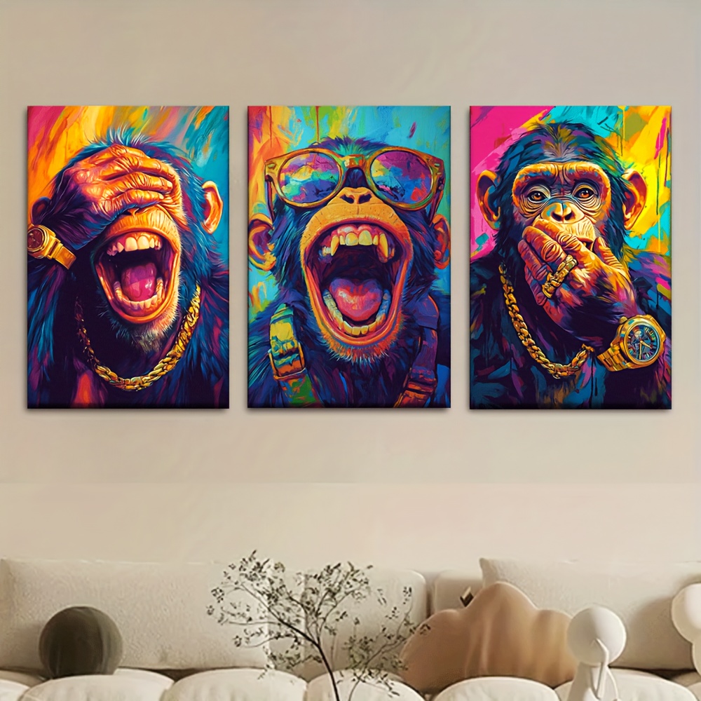 TEMU 3pcs/set, Canvas Painting--unframed, , Monkeys Wearing Fashion Glasses, Watches And Golden Necklaces Laughing, Artist Drawing Set, Living Room,