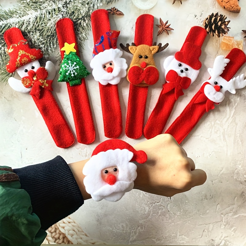 

12pcs Christmas Bracelet Set - Holiday Party Favors, Non-electric Metal And Fabric Wristband Clackers, Assorted Santa, Snowman And Reindeer Designs For Celebration & Events