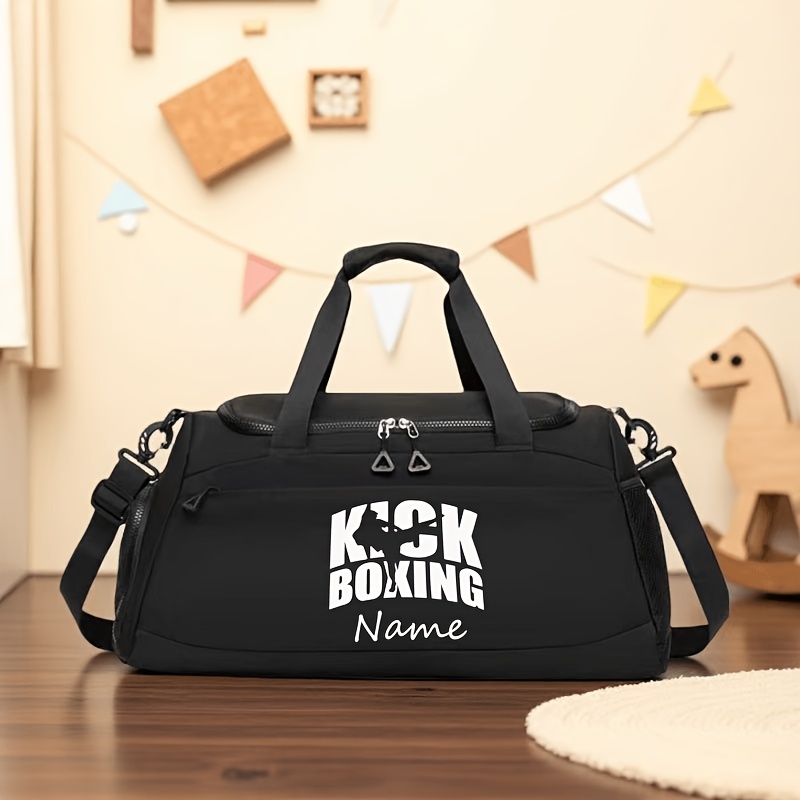 TEMU Stylish Customizable Name-print Women's Crossbody Bag With Kickboxing Print, Black. Large Capacity, Nylon Material, Zippered Design, Unisex