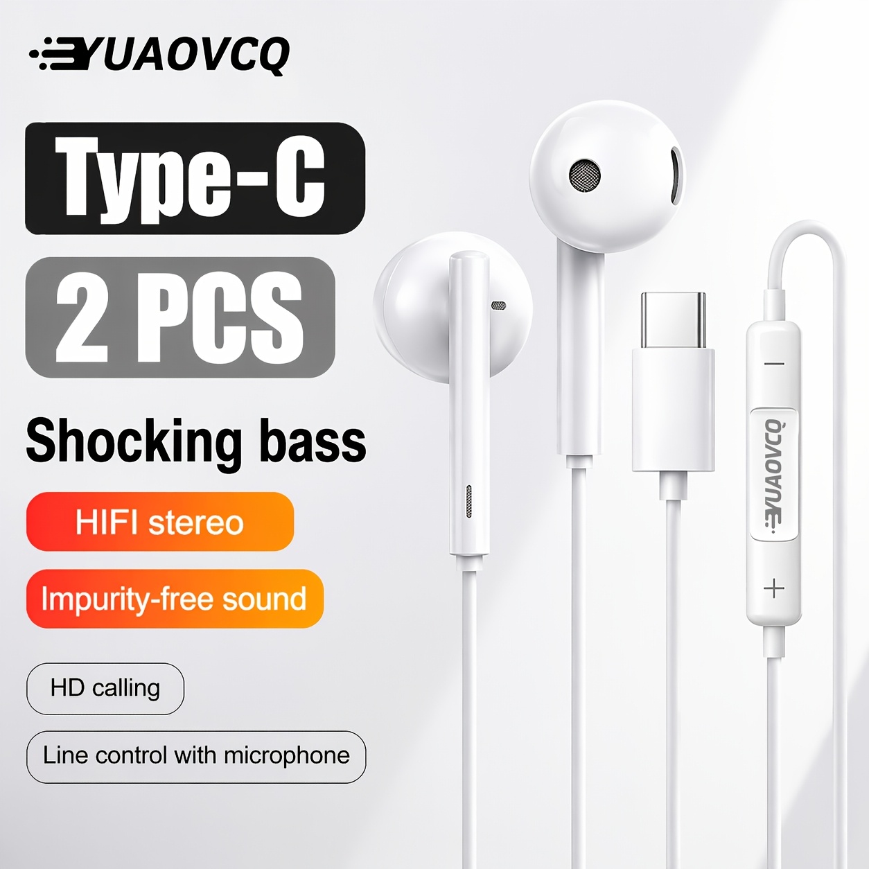 Yuaovcq Type-c Jack 2pcs Wired Earphones In-ear Earbuds Voice Call Noise Reduction And Hifi Stereo Latency For Iphone 15 Pro Max/for Etc. Type-c/usb-c Jack Models Gaming Audio -one Headset