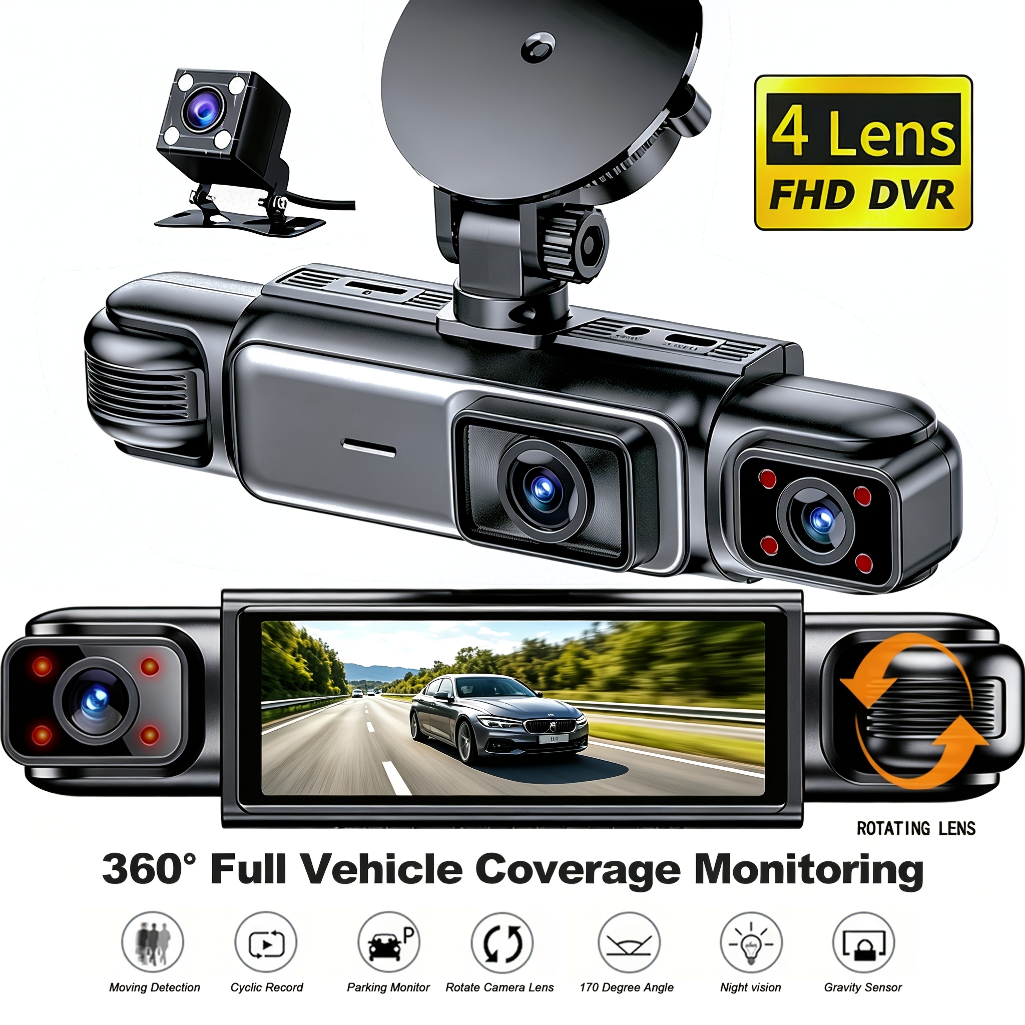 item picture   4 channel dash cam for cars with 3 ips screen 1080p front 720p rear driver side cameras   loop recording parking monitor system hardwire kit required suitable for vehicle surveillance dashcam accessories