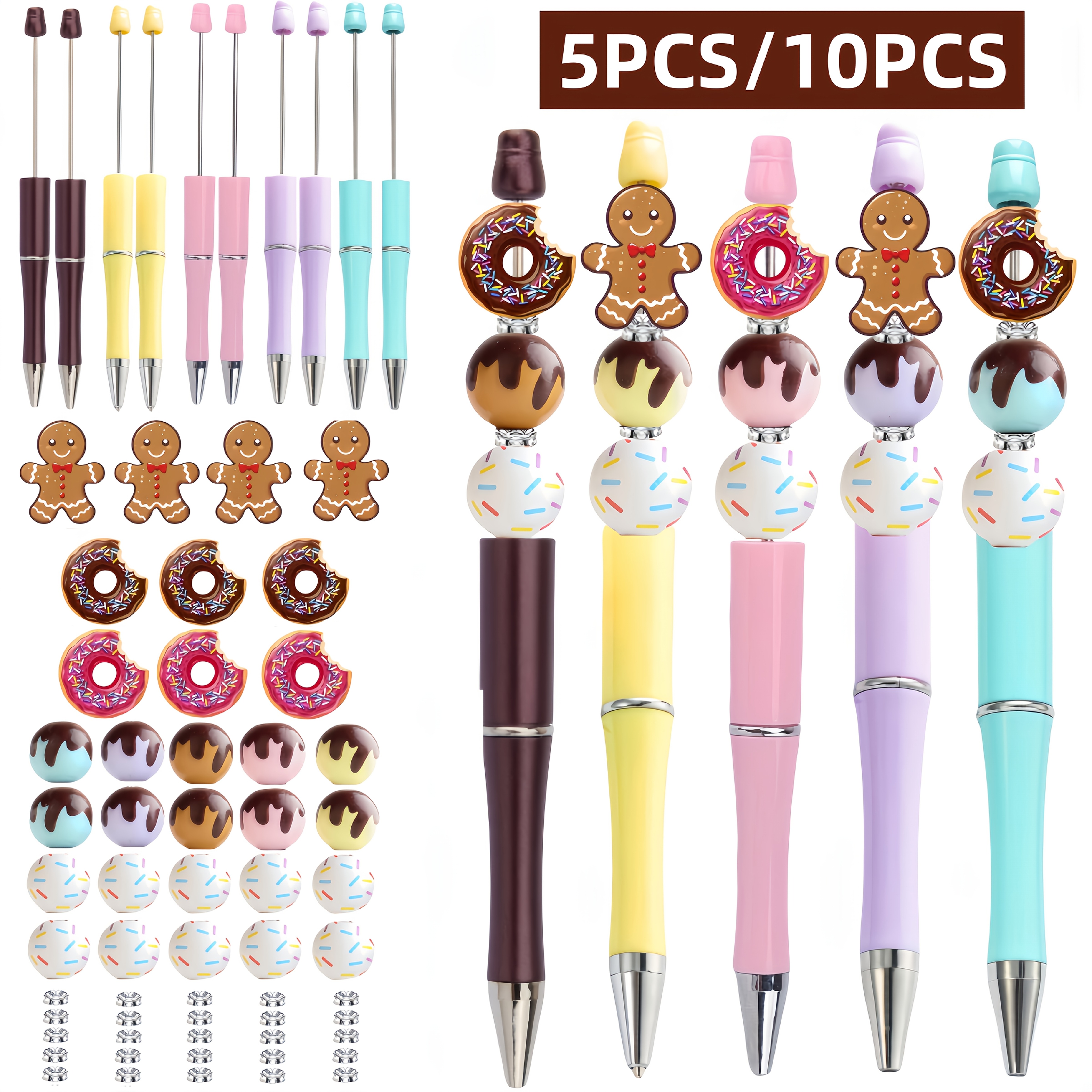 

Donut & Dessert Themed Ballpoint Pen Set With Charm Beads - 5/10-count, Plastic Twist Action, Round Body, Medium Point, Adult-friendly Stationery Gift Set For Parties, Birthdays, And Office Use