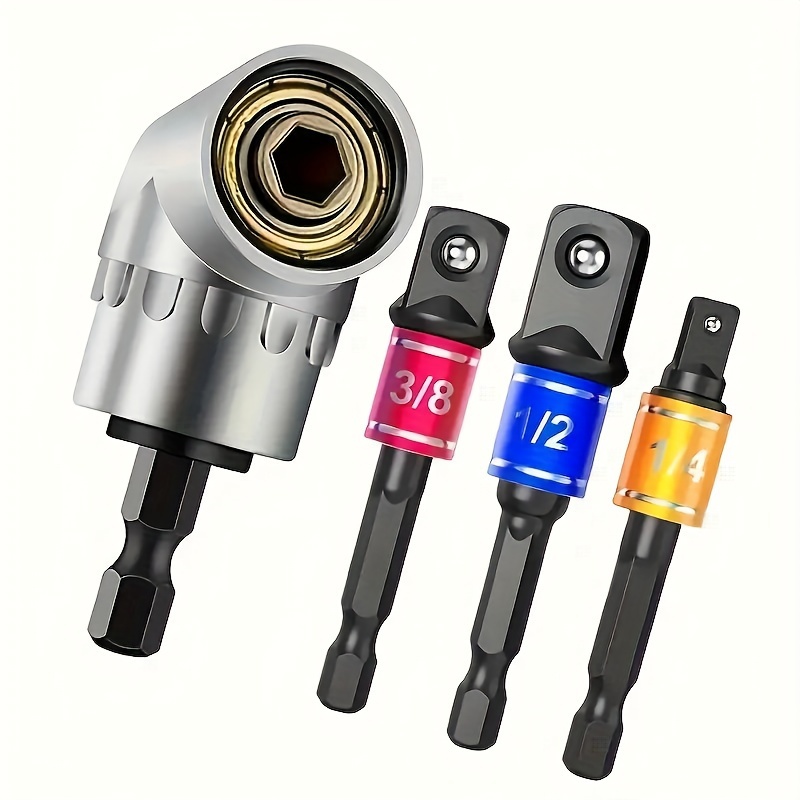 

4pcs Impact Tool Set With Socket Adapter & Extension - Metal Construction, Includes 1/4", 3/8", 1/2" Hex Shank Drill Bits, Nut Driver, And 105° Right Angle Attachment For Diy & Professional Use