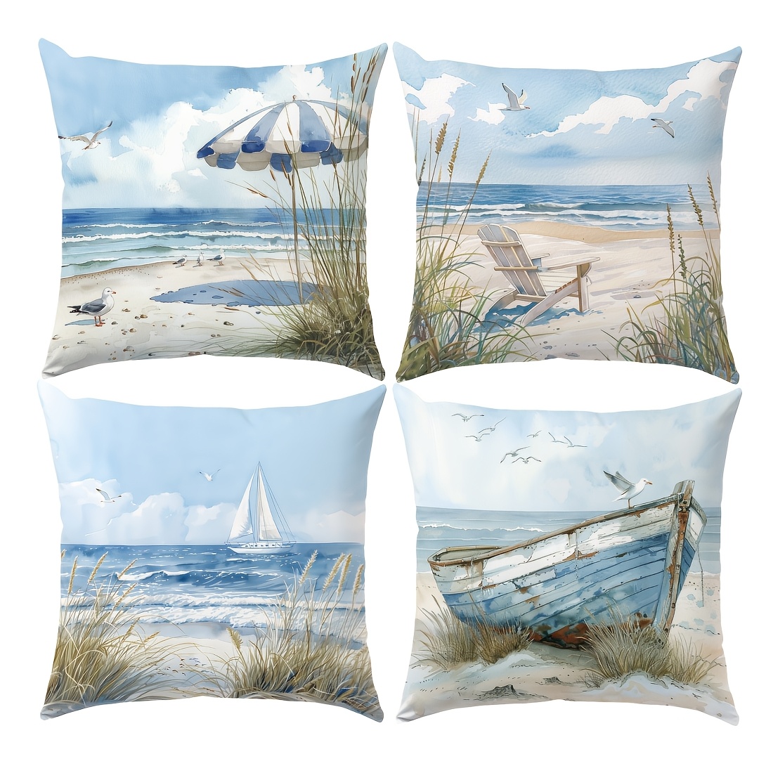 4pcs, Double-sided Printing Pillow Covers, Summer Watercolor Beach Pattern Pillowcases, Home Decor Pillowcases For Living Room Sofa Bedroom