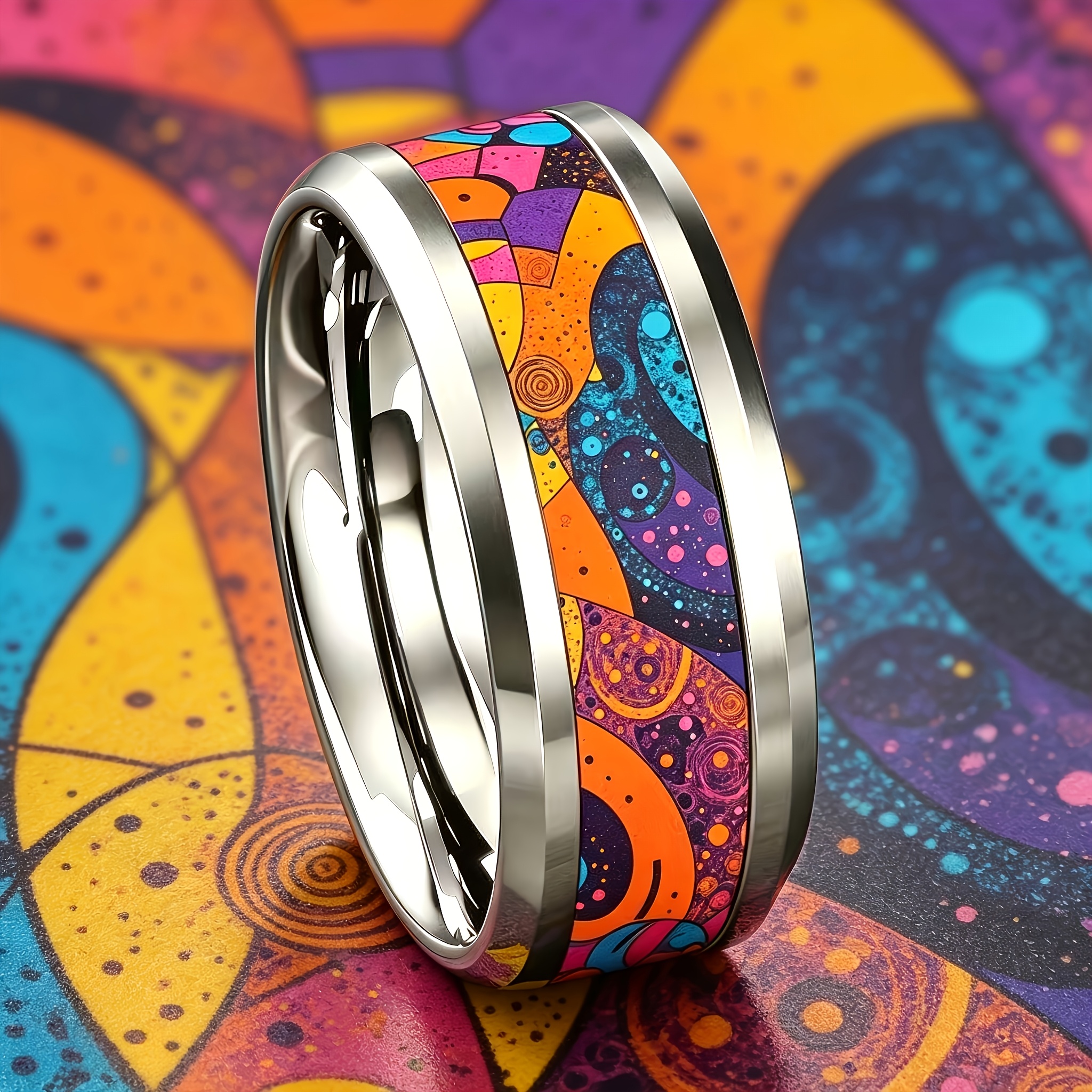 Pop Art Color-Block Swirl Polka Dot 304 Stainless Steel Ring