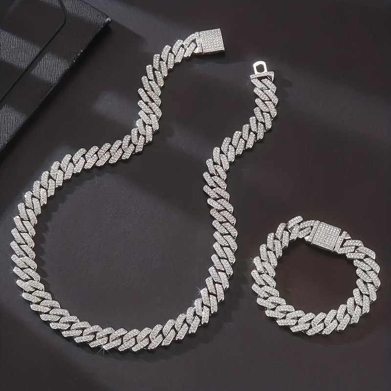 TEMU 2pcs Iced 13mm Hip Hop Solid Cuban Chain Necklace Bracelet, Charm Jewelry Gift, Jewelry For Men And Women