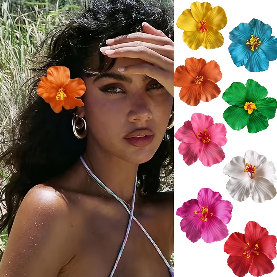 TEMU 8pcs Hawaiian Flower Hair Clips, Bohemian Flower Hair Clips, Women Hibiscus And Lotus Hair Clips, Fashion Artificial Flower Hair Clips, Summer