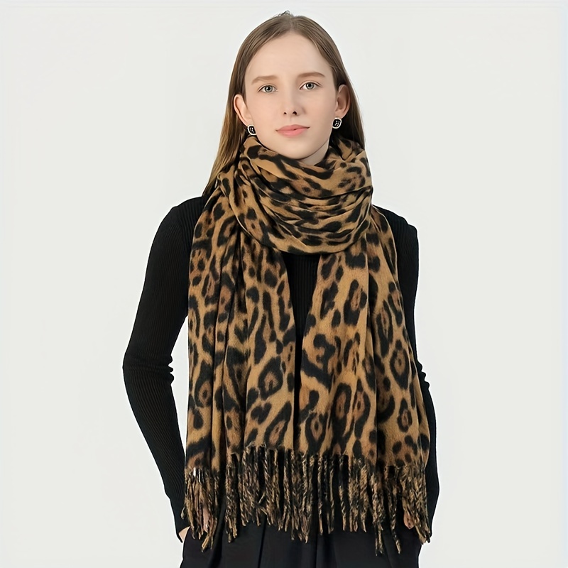 

Luxurious Leopard Print Winter Scarf For Women - , Warm Imitation Cashmere With Tassels, Vintage Style In Khaki/grey/yellow