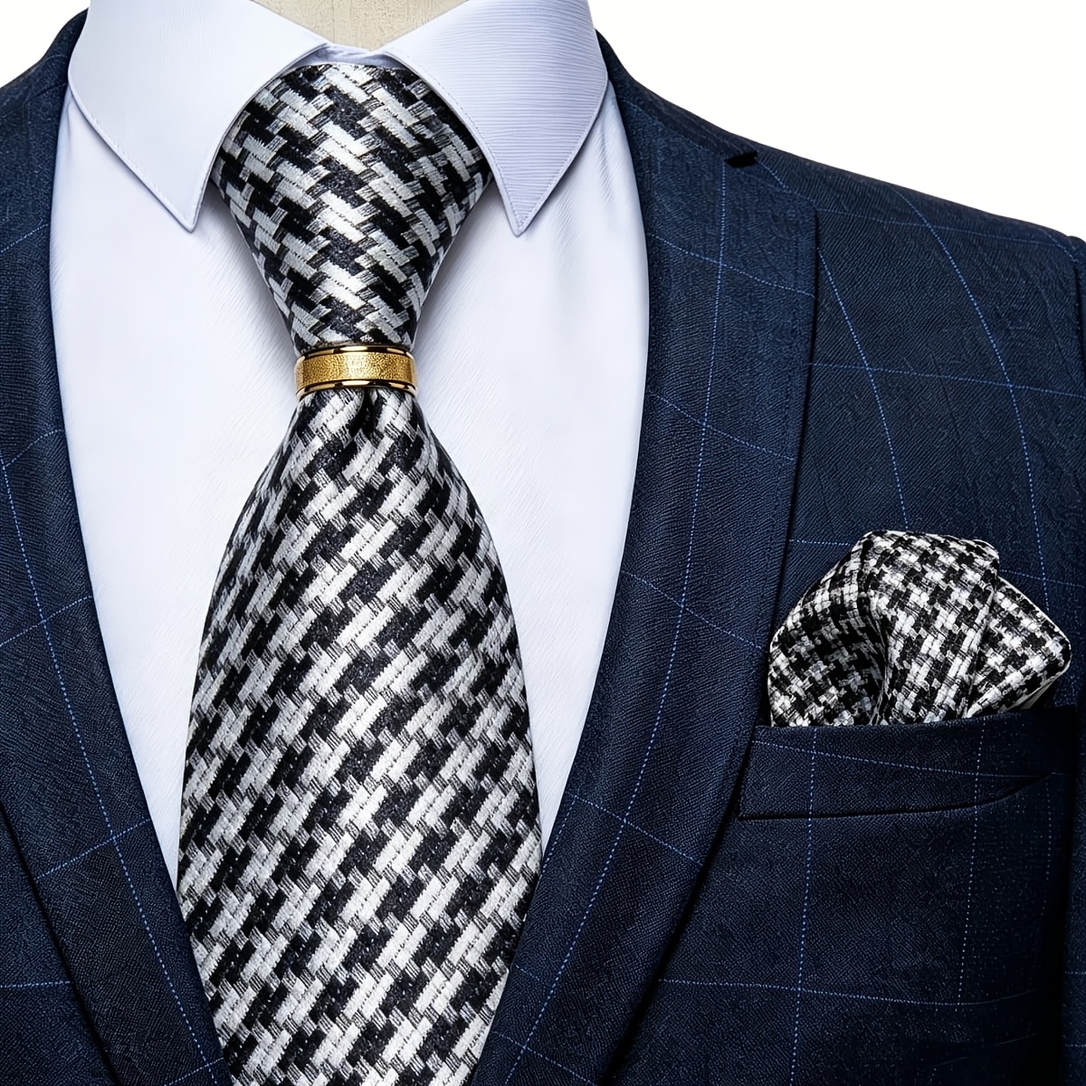 Men's Black White Tie & Pocket Square Set With Tie Ring, For Prom, Corporate Events & Formal Gatherings