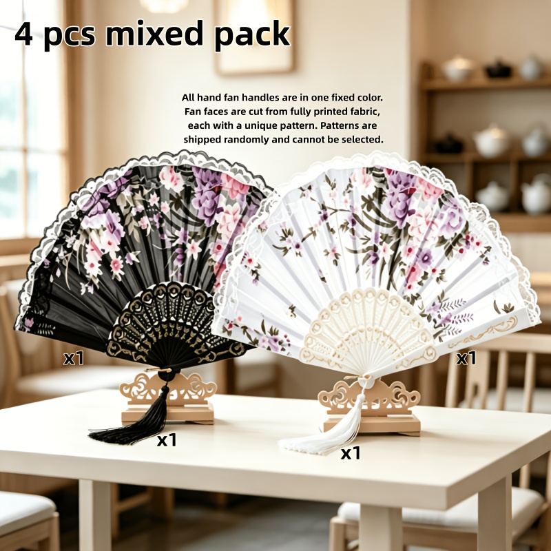 TEMU 4/8pcs Mixed Pack Gorgeous Ancient Style Folding Fans With Tassel, Vintage Lace Design In Black, White, Purple & Light Blue. Elegant Decor For