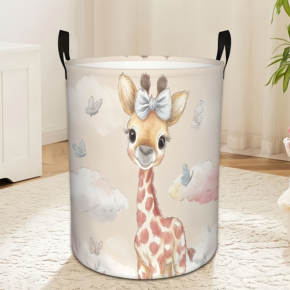 TEMU 1pc Dokriy Cute Giraffe Pattern Storage Basket With Sturdy Handles - Foldable Storage Box, Suitable For Clothes And Room Organization. Modern