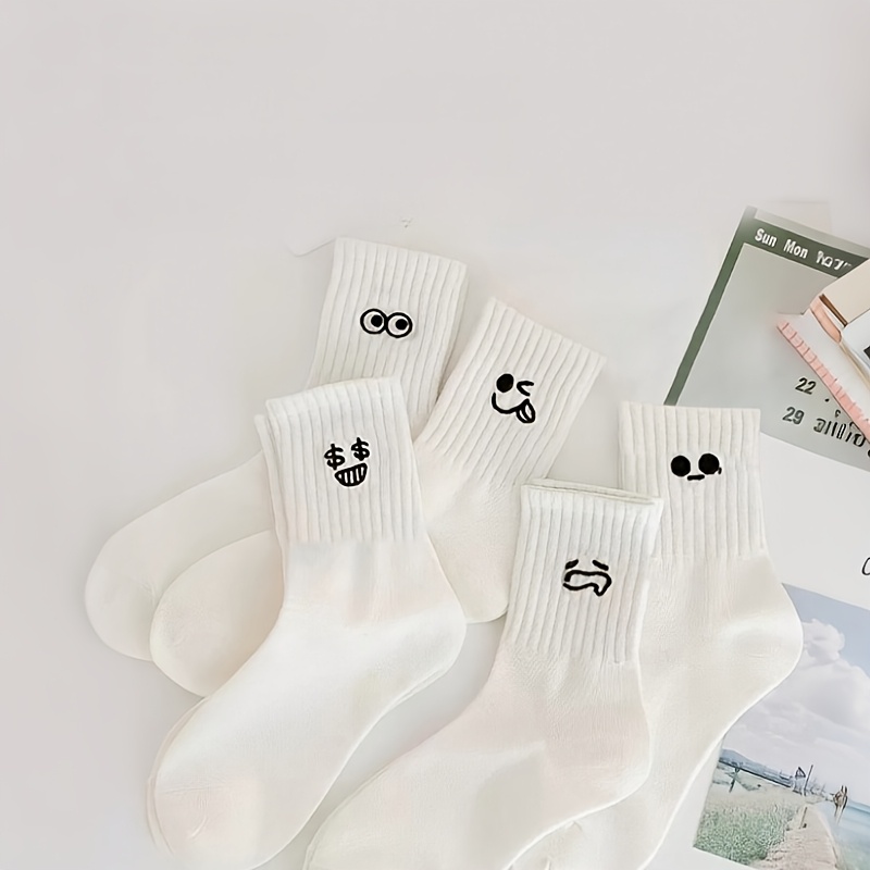 Image of 5-pack Boys Girls Teens White Mid-calf Socks With Fun Face Designs - Breathable Polyester, Style, , Machine Washable, Cute Socks, Design, ,fall And Winter Clothes