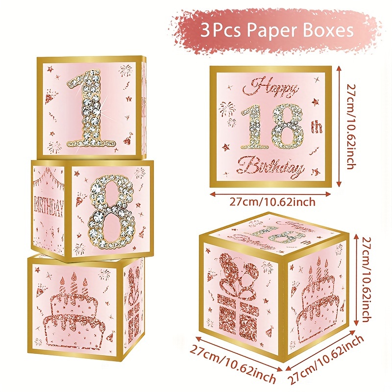 Image of Gift For Her/him 3pcs, 18th Pink , 27cm, Happy Birthday Gift Box, 18th Theme Birthday Party Decoration, Happy Birthday Party Decoration, Birthday Party Supplies, Party Gifts, Background Decoration