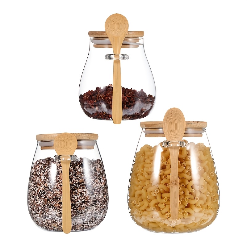 Image of Set Of 3 Large Capacity Airtight Glass Storage Jars With Spoons - Reusable And Perfect For Coffee, Sugar, Tea, Salt, Candies, And Spices | An Storage Solution For Homes, Restaurants, And Food Trucks