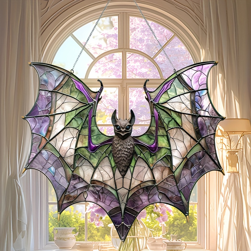 

Contemporary Bat , 8"x7.3" - Stainglass Hanging For , Halloween Decor, Art, Housewarming , Wreath Accessory - , Solvent , Featherless