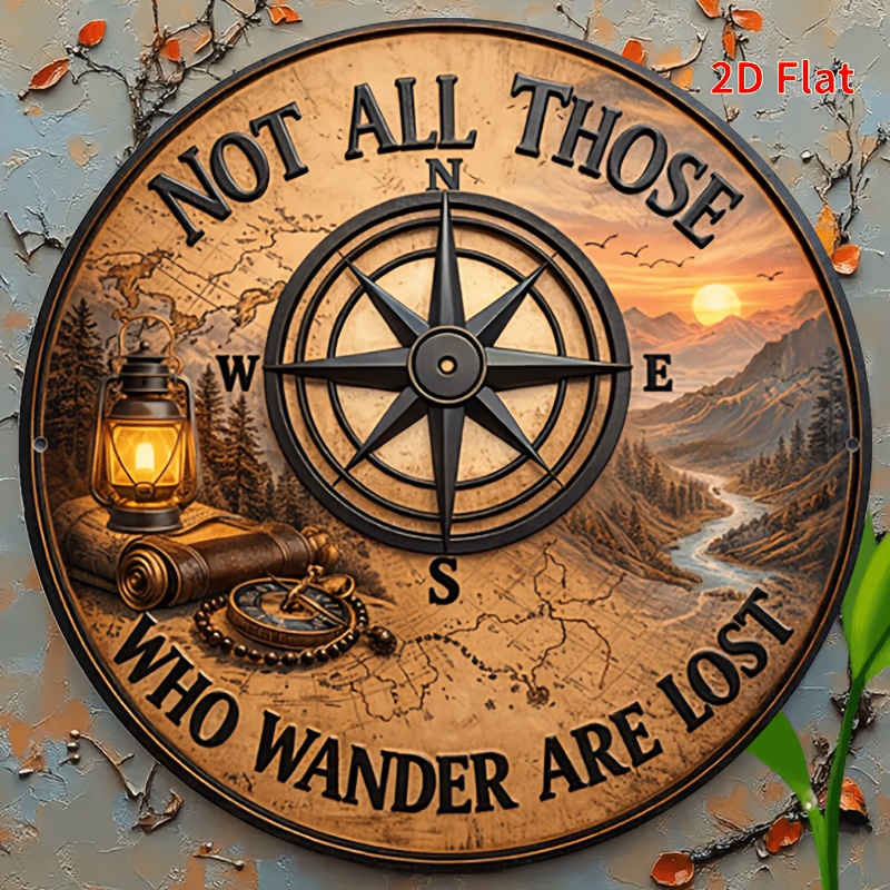 TEMU 2d Flat - [2d Flat] Gift 2d Flat Printing 1pc Wooden Retro 'not Are Lost' Tin Sign, Vintage Compass Round Wall Art, Motivational Decor For Home,