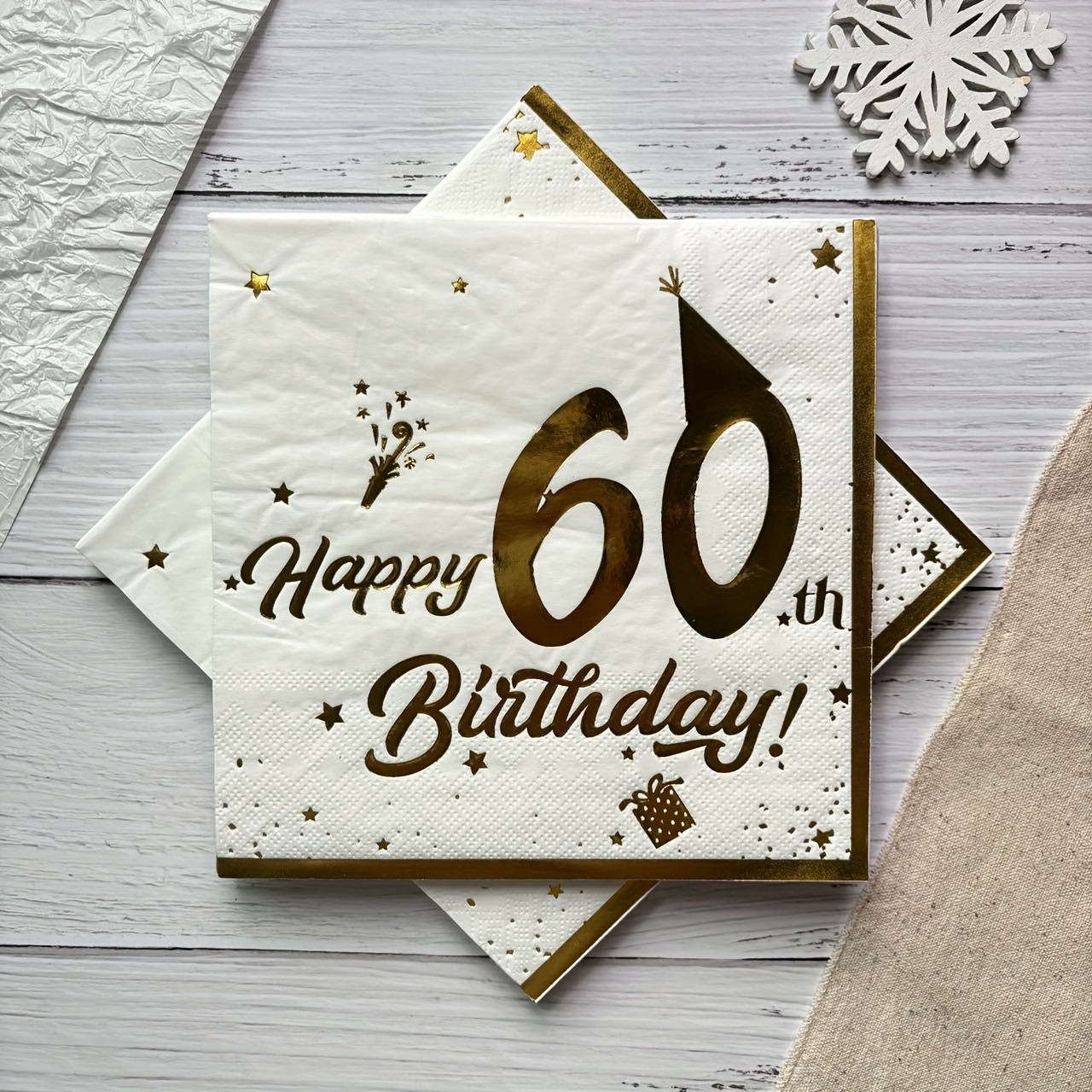 

20pcs Elegant White Golden Foil 60th Birthday Party Napkins - , Disposable Wood Tissues For Celebrations & Events