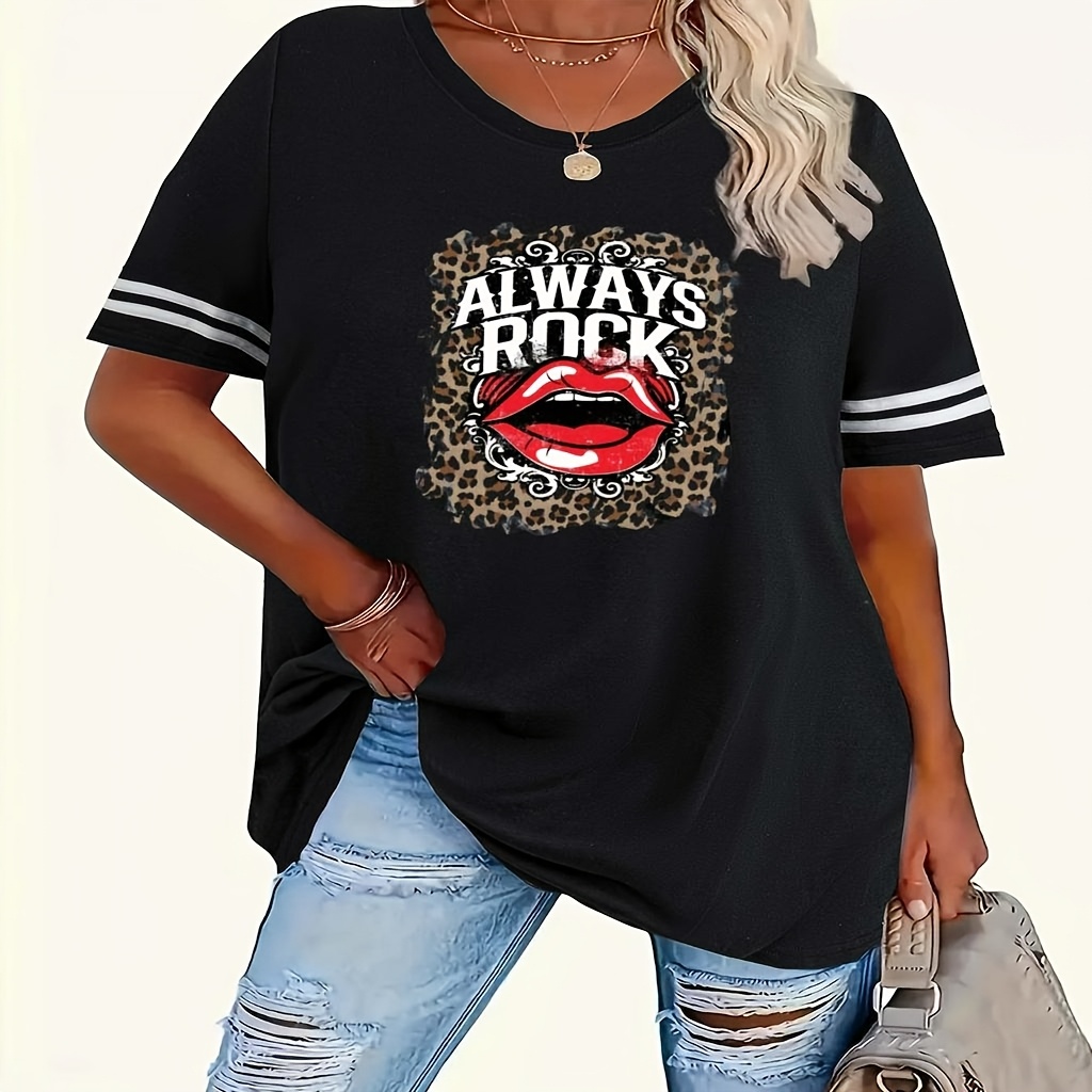 

Lightweight Design) Women's Plus Size Graphic Tee - " Rock" Leopard Print & Design, Casual Round Neck Short Sleeve T-shirt, Black With Striped Sleeves, 1-8xl, Polyester , Machine Washable