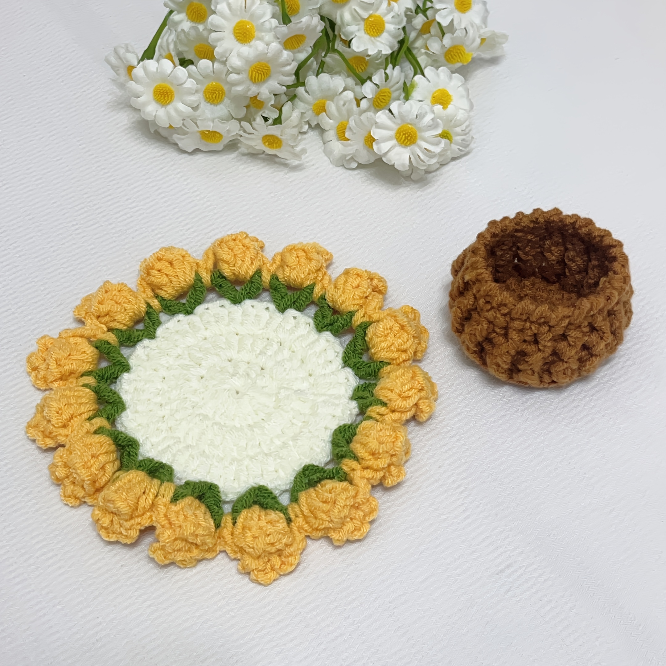 TEMU 1 posavasos de crochet a con ramo de tulipanes, posavasos con ramo de tulipanes y cesta, tapete resistente al , adorno de escritorio, regalo de