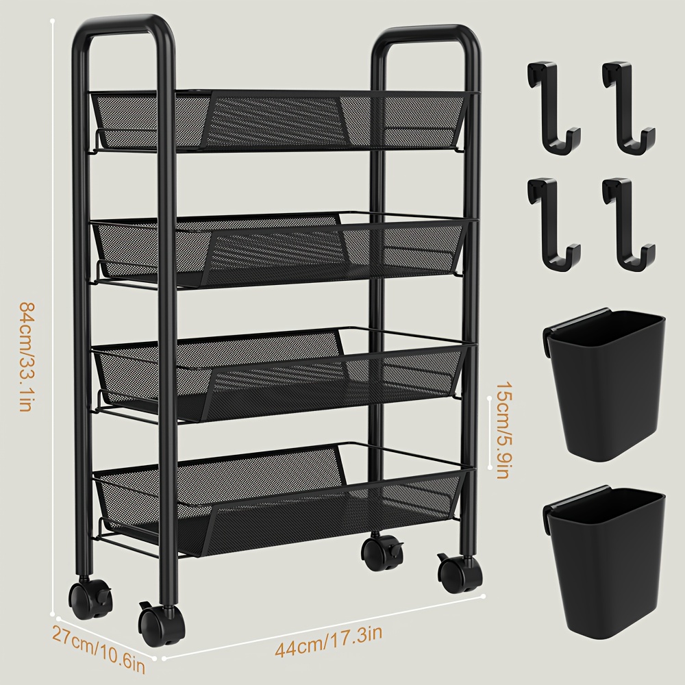 TEMU Carbon Steel Multi-functional Kitchen Trolley, Kitchen Spice Rack - Large Capacity, Sturdy And Durable, Equipped With 4 Hooks And Storage Boxes,