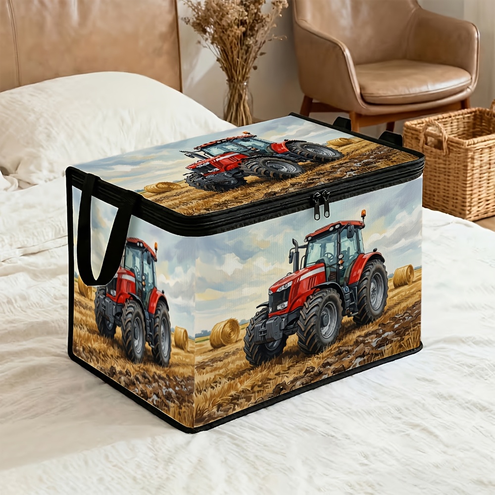 TEMU 1pc Upgraded Large Capacity Storage Organizer Container With Lid, Rustic Landscape- Tractor Sky Quilt And Pillow Storage Container, Collapsible