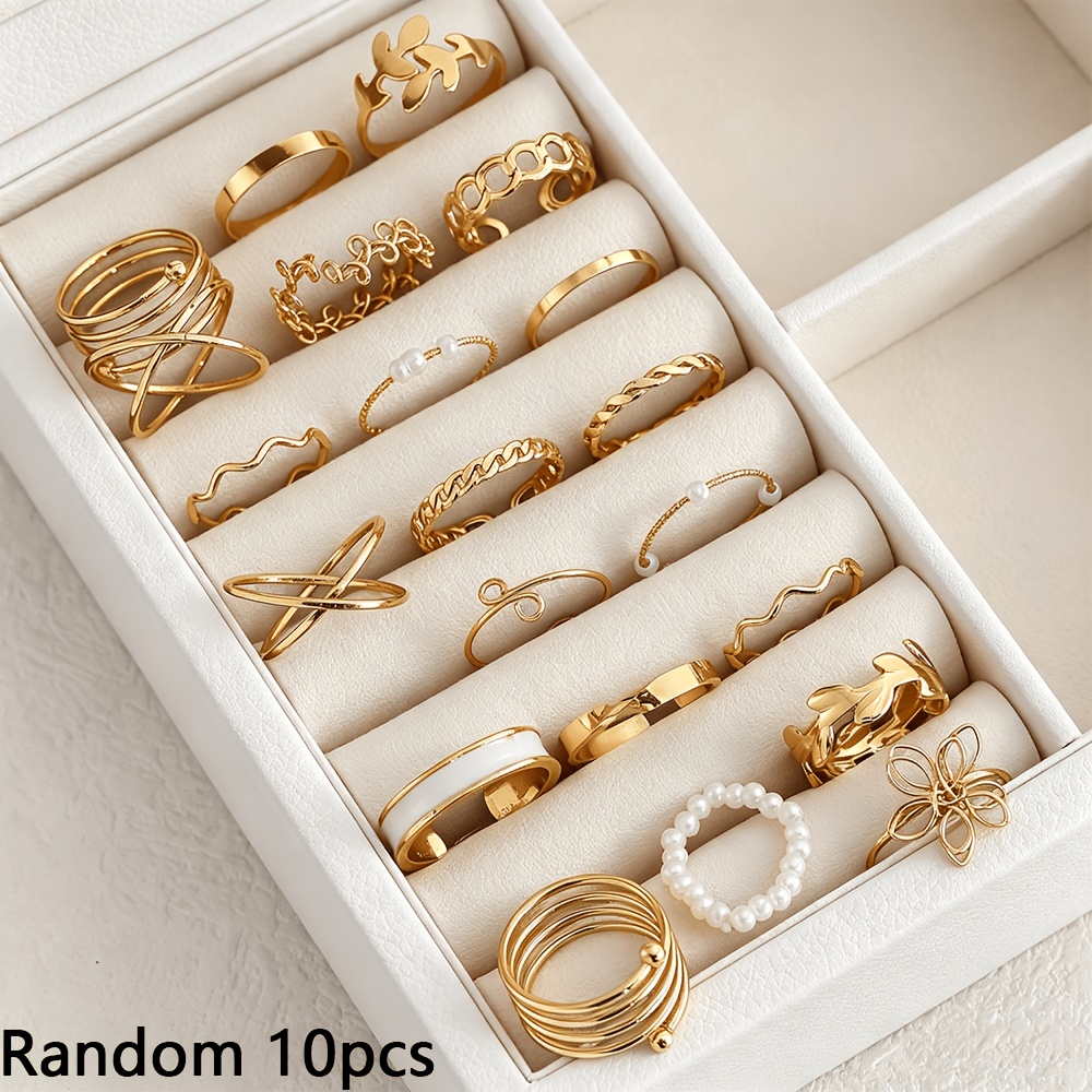 TEMU Lot de 10 bagues aléatoires pour femme, élégantes, exquises et minimalistes, de créateur, avec feuille, fleur ajourée, spirale croisée, torsadée