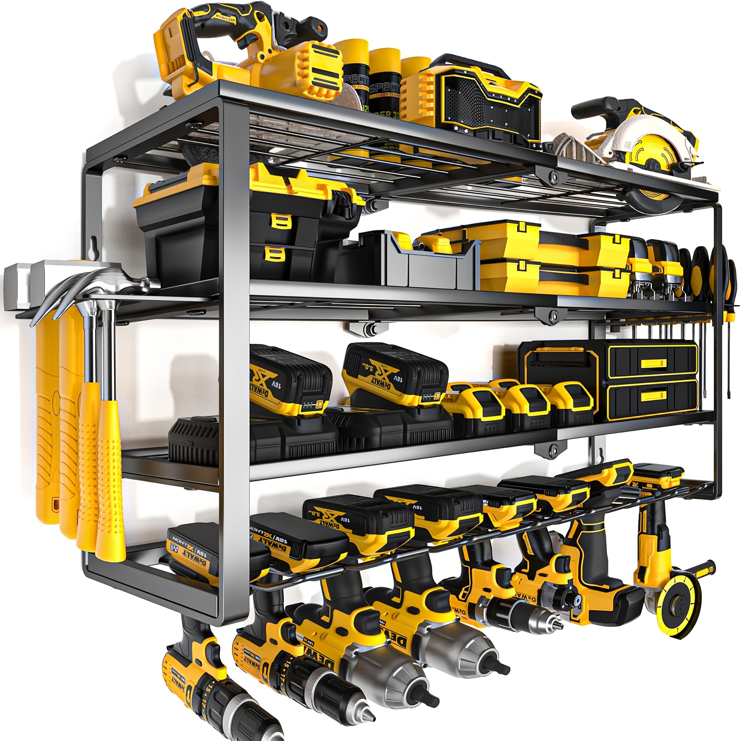 4-tier Electric Tool Storage Rack | Wall-mounted, Drill Rack With Charging Station, Suitable For Garage, Workshop, Studboard, Shed - Metal, Utility Shelves