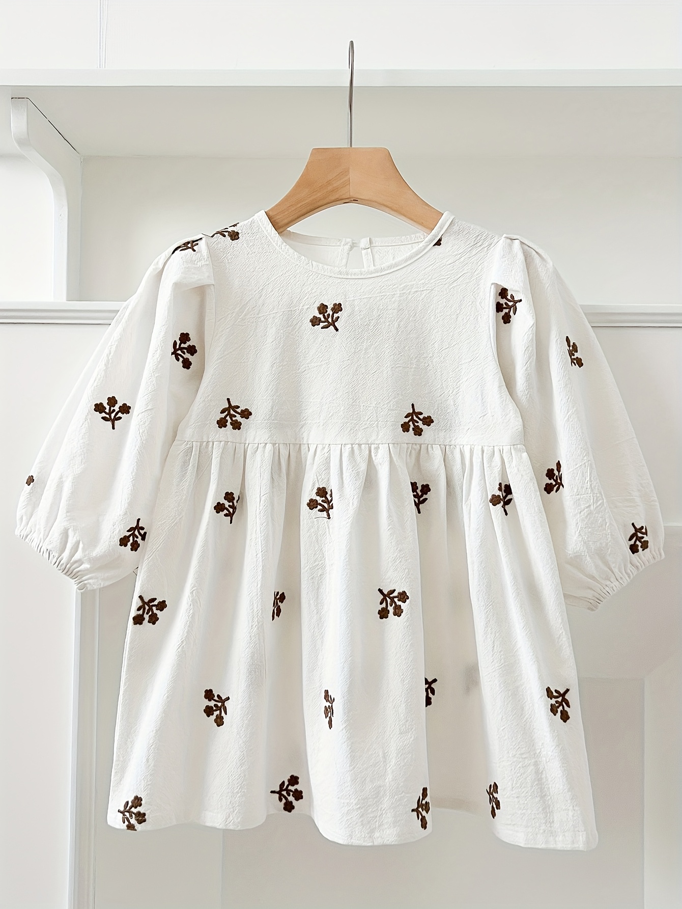 adorable girls dress brown floral embroidery long sleeve - Temu