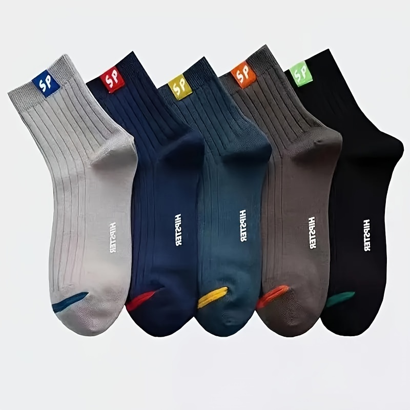 

5 Pairs Of Men's Trendy Letter Pattern Crew Socks, Breathable Comfy Casual Socks For Men's Outdoor Wearing