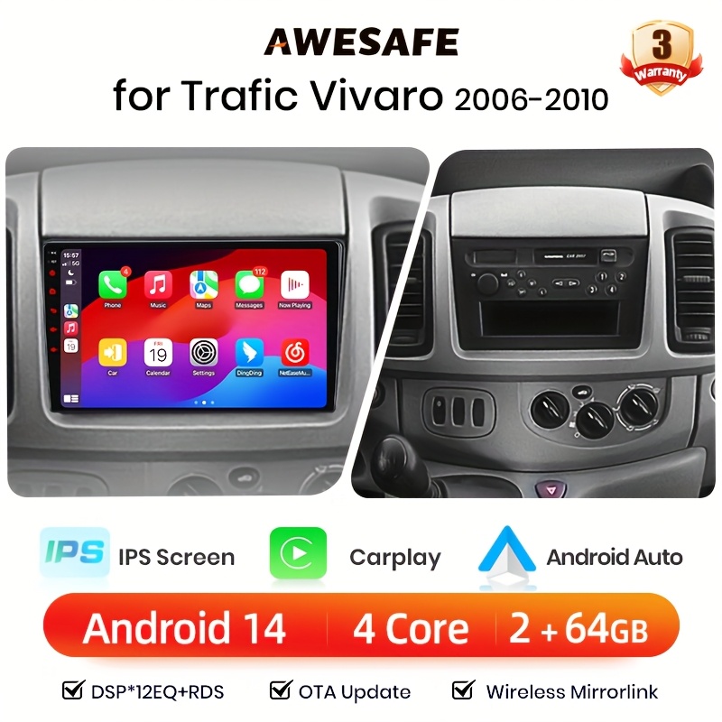 AWESAFE AI Brezžični CarPlay za iPhone Android14 2+64GB WiFi Avtomobilski Radio za for Renault za Trafic za for Nissan Opel 2006 2007 2008 2009