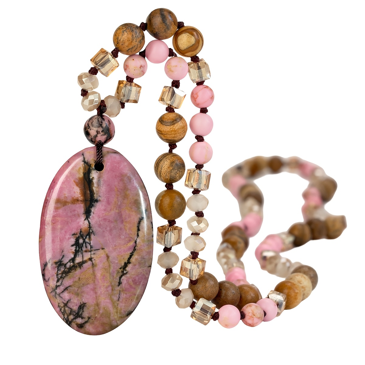 TEMU Bohemian Stone Oval Pendant Necklace With Knitted Sweater Chain, Suitable For Stone Lovers, Perfect Gift