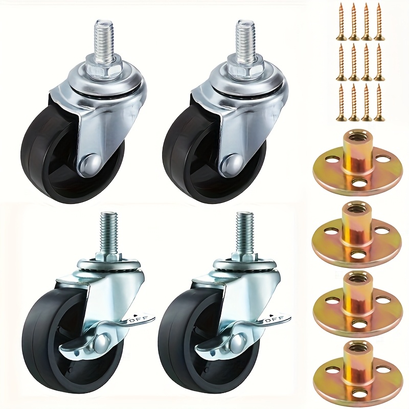 E-shop 8er-Pack enthält 4er-Set 1.5'' Gummischwenkrollen mit Bremsgewinde-Schraubstiel und 4er-Set Runde Basis-T-Mutter mit 12er-Set Schrauben,