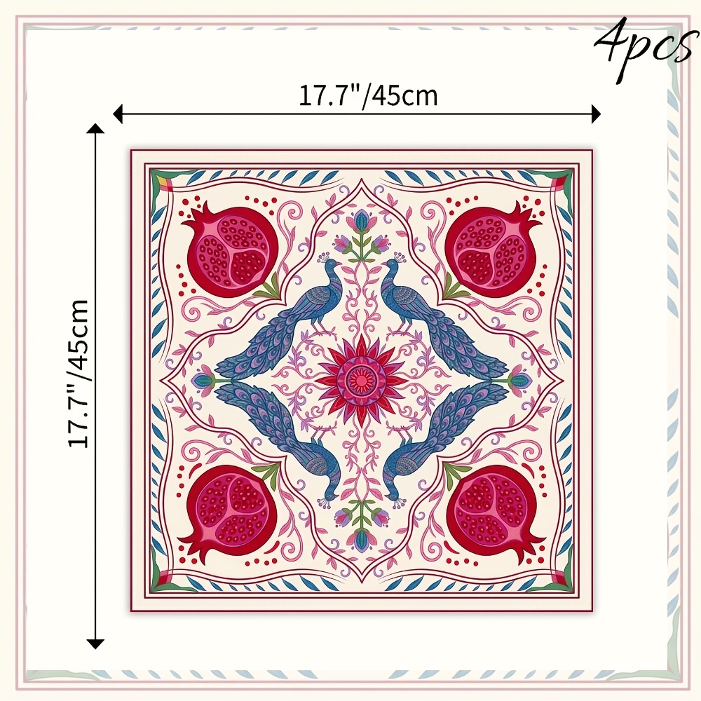 TEMU 4 serviettes en tissu d'art traditionnel - Réutilisables, douces et absorbantes, motif , , rouge et rose, parfaites pour un , les fêtes d'année