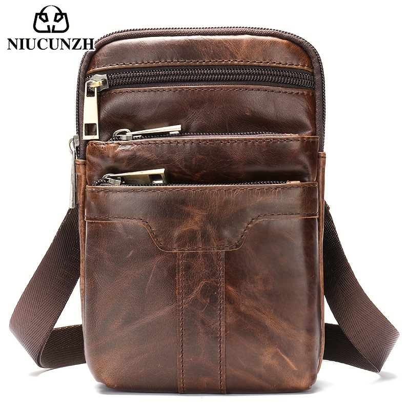 Image of Genuine Leather Men's Crossbody Bag Business Shoulder Bag Multifunctional Zipper Business Shoulder Bag