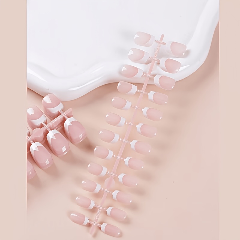 TEMU 72pcs French Nail Stickers Suitable For Women, Short Square Full-coverage False Nails With Glossy & Pink Base, Press- Nails For Instant