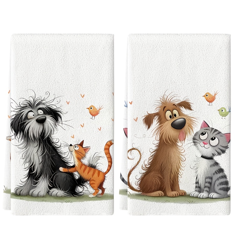 TEMU Chiffon de nettoyage 2pcs Serviette de cuisine, Chien, Chat, Ensemble de serviettes de cuisine à double de haute qualité, Serviette sèche de