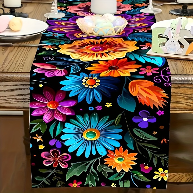 

1pc Table Runner, Colorful Floral Pattern Table Flag, Vibrant Table Runner, Suitable For Indoor And Outdoor Celebration Potluck Decoration, Table Decor, Home Supplies