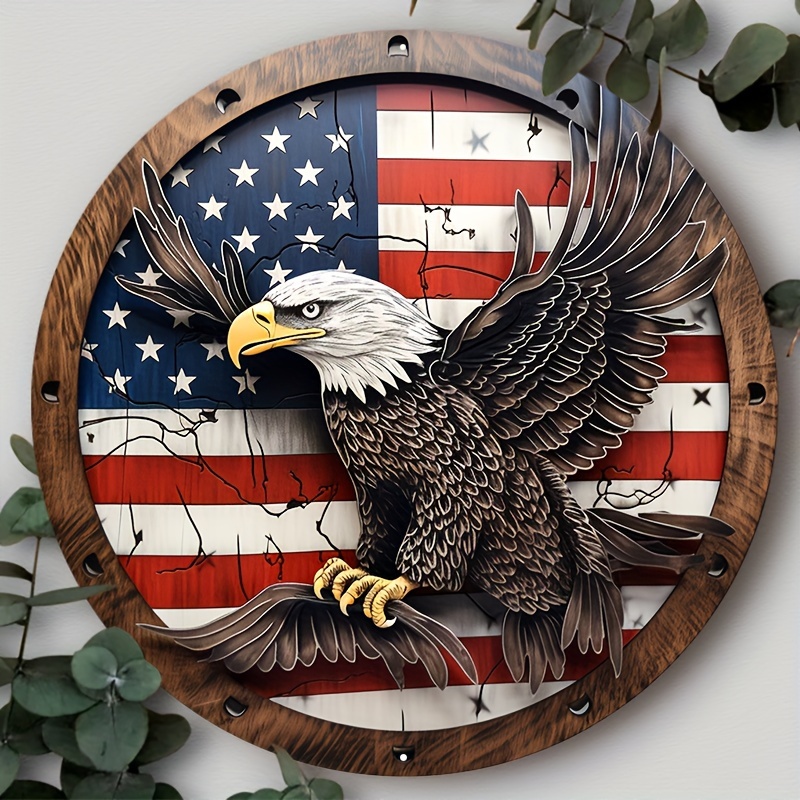 

1pc 8x8inch Aluminum Metal Sign Of July Independence Day Round Metal Wreath Sign Suitable For Various Scenarios