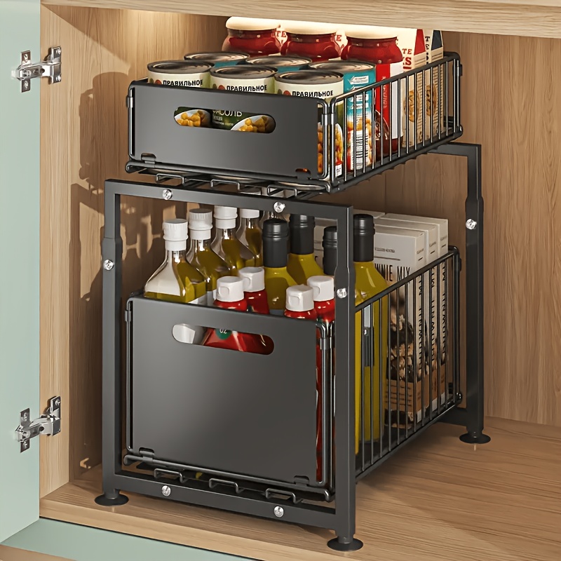 TEMU 2-tier , Space-saving 2-tier Under Sink Organizer With Adjustable Height, Sturdy Carbon Steel, Kitchen Storage Shelf, Space-saving Cabinet